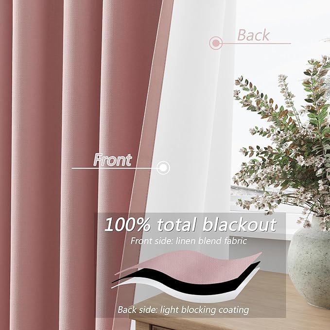 Guken 100% Blackout Linen Curtains 90 Inch 2 Panels Set for Girl's Bedroom, Living Room, Nursery, Back Tab Thermal Insulated Black Out Drapes Room Darkening, Pink