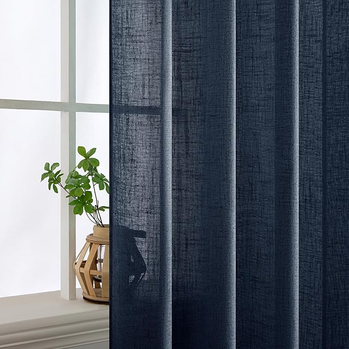 MIULEE Navy Blue Linen Curtains 90 Inch Length 2 Panels for Bedroom Living Room, Soft Thick Linen Textured Natural Window Drapes Semi Sheer Light Filtering Back Tab Rod Pocket Burlap Look Decor