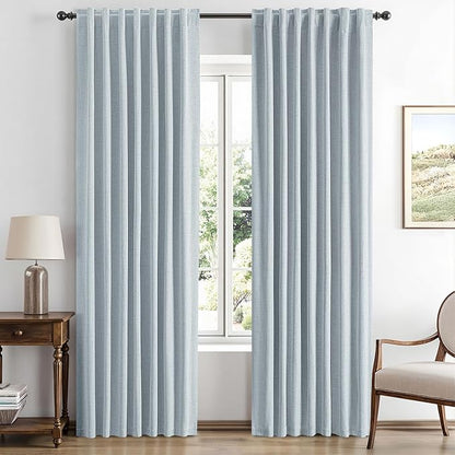 MIULEE 100% Blackout Linen Curtains for Bedroom, Chambray Blue Solid Luxury Decor Thermal Insulation Room Darkening Drapes for Living Room Nursery Back Tab Rod Pocket 42 x 84 Inches, 2 Panels