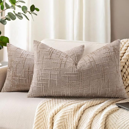 decorUhome Oatmeal Chenille Throw Pillow Covers 12x20 Set of 2 Textured Soft Cozy Slubby Couch Pillow Covers Modern Farmhouse Boho Decorative Pillow Cases for Bed Sofa Living Room