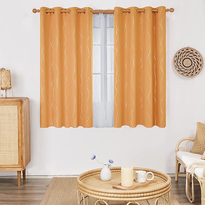 Deconovo Grommet Blackout Curtains for Home Decoration, 54 Inch Long, Set of 2 - Window Curtain Panels, Wave Line and Dots Pattern (52 x 54 Inch, Orange Flame, Set of 2)