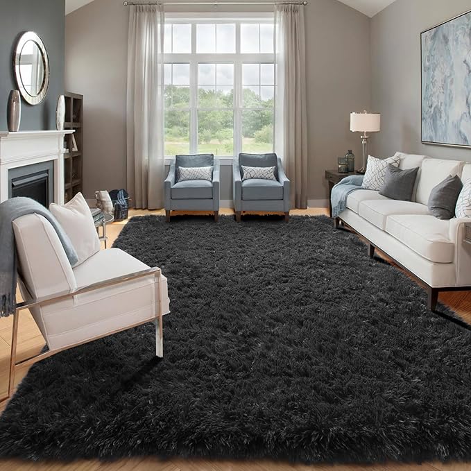 ONASAR Black Area Rugs for Bedroom Living Room, Fluffy Fuzzy Shaggy 4x6 Bedside Rug, Soft Plush Modern Indoor Floor Carpet for Nursery Kids Girls Boys Teen Dorm Home Office Decor Aesthetic