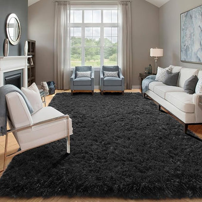 ONASAR Black Area Rugs for Living Room Bedroom, 5x8 Fluffy Shaggy Rug, Soft Plush Large Indoor Floor Carpet for Nursery Kids Girls Boys Teen Dorm Bedside Playroom Home Office Decor Aesthetic
