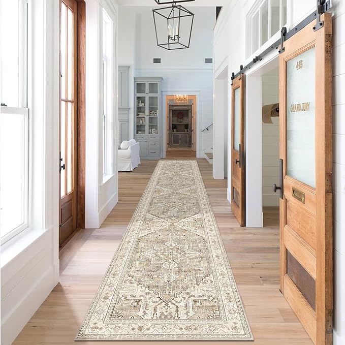 Yamaziot Washable Runner Rug, 2'3" x 14' Non-Slip Boho Vintage Hallway Rug Runner with Rubber Backing, Stain Resistant Low Pile Distressed Carpet Runner for Bedroom, Kitchen, Laundry, Entrance