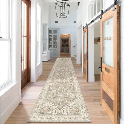 Yamaziot Washable Runner Rug, 2'3" x 14' Non-Slip Boho Vintage Hallway Rug Runner with Rubber Backing, Stain Resistant Low Pile Distressed Carpet Runner for Bedroom, Kitchen, Laundry, Entrance