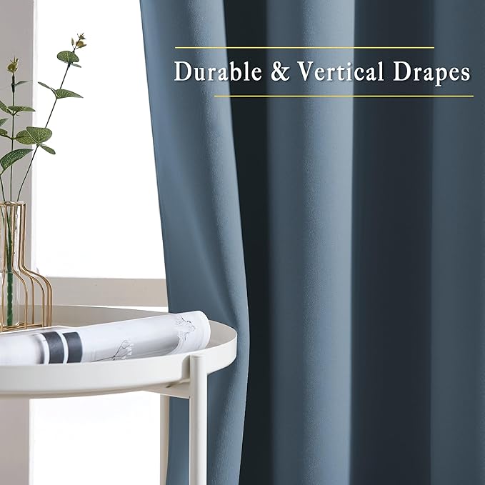 NICETOWN Smoky Blue Curtains 90 inch Length, Sound Reducing Thermal Insulated Grommet Room Darkening Window Treatments for Bedroom/Living Room, 2 Panels, W52 x L90, Smoky Blue