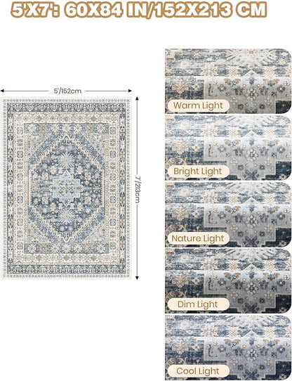 Area Rugs 5x7, Ultra-Thin Washable Rugs for Living Room, Anti-Slip Backing Area Rug for Bedroom, Soft Floral Vintage Home Decor Rug for Dining Room(Blue/Beige,5'x7')