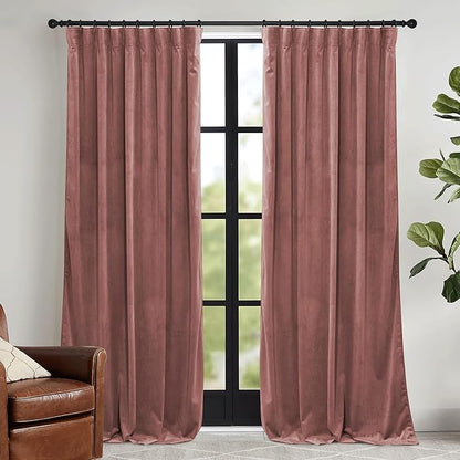 RYB HOME Dusty Pink Velvet Curtains 96 inch, Darkening Window Curtains for Living Room Energy Efficient Backdrop Festival Decor for Girls Bedroom Dining Room, Wild Rose, W52 x L96 inch, 2 Panels