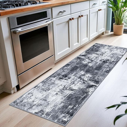 KOZYFLY Modern Abstract Runner Rug 2x6 Washable Grey/Black/Black Runners for Hallways Kitchen Runner Rug Non Slip Carpet Rug Runner Laundry Mat with Soft Low Pile for Entryway Bathroom Bedroom Kitchen