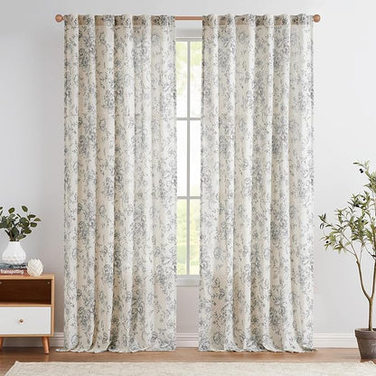 jinchan Linen Blend Curtain Floral Curtains for Living Room 96 Inch Length Grey Printed Curtain Rod Pocket Back Tab Farmhouse Peony Flower Patterned Drapes Bedroom Window Curtains Set 2 Panels