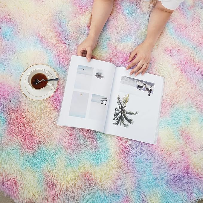 yulidayang Rainbow Fluffy Round Area Rugs for Bedroom,5'X5'Shag Circle Area Rugs for Girls Room,Non Slip Fuzzy Plush Rug for Kids Room Living Room and Dorm Home Decor Rug