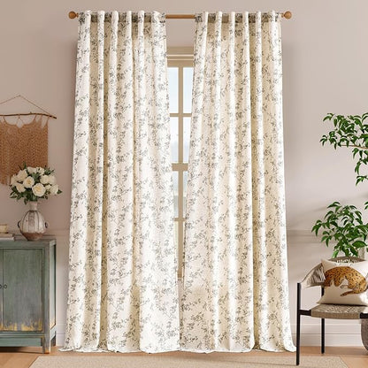 Lazzzy Farmhouse Linen Curtains Extra Long Gray Floral Curtains 108 Inch Long Back Tab Drapes for Living Room Bedroom Light Filtering Country Vintage Rod Pocket, 2 Panels, Grey on Beige