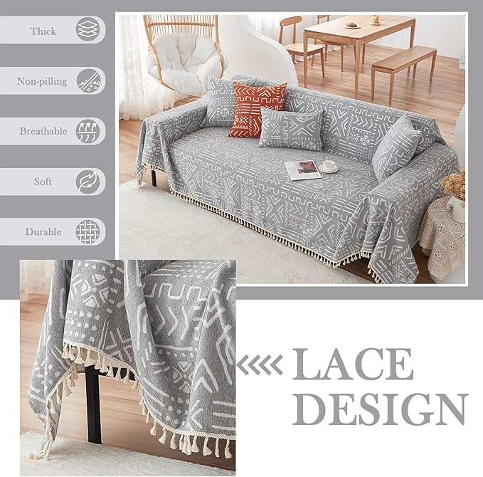 HANDONTIME Bohemian Couch Cover - Grey & White Aztec Tribal Pattern for 3 Cushion Couch, Aesthetic Tassel Sofa Slipcover, Universal Size, 71" X134"