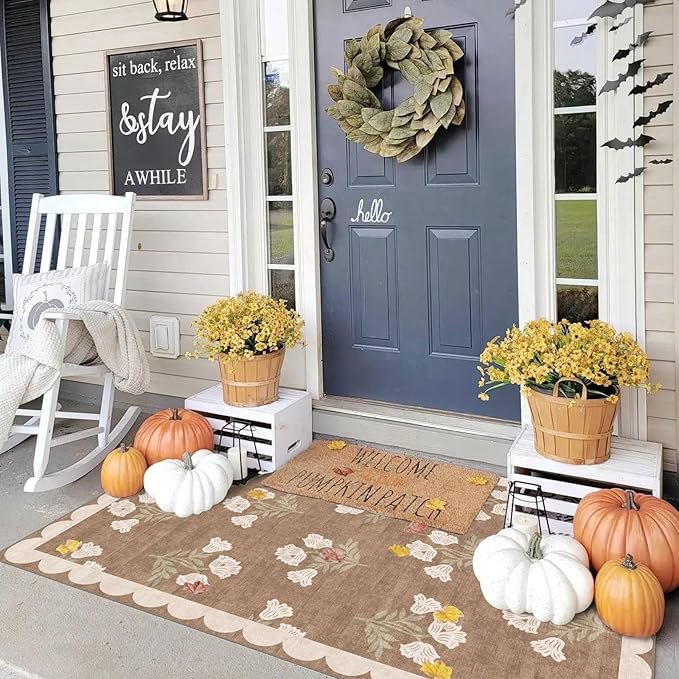 3x5 Floral Entry Rug - Small Washable Indoor Outdoor Mats for Front Door Non-Slip Porch Rug Tan Boho Neutral Farmhouse Throw Rugs for Living Room Bedroom Entryway Kitchen Office Porch Decor
