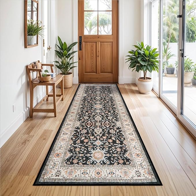 Washable 3x8 Hallway Runner Rug: Non Slip Stain Resistant Runner Rugs Low Pile Wide Rugs for Kitchen Floor Entryway Farmhouse Distressed Vintage Carpet for Living Room Bedroom Bathroom (Black, 3X8)