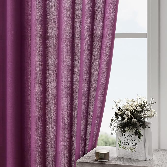 Nanspring Grape Purple Linen Curtains 96 Inch Long 2 Panels Set for Bedroom Living Room Linen Textured Window Drapes Semi Sheer Light Filtering Rod Pocket Back Tab Modern Farmhouse Curtain 52x96