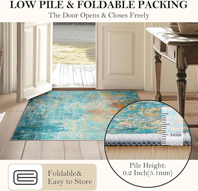 Washable Area Rugs 2'x10' Non-Slip Modern Abstract Soft for Living Room Entryway Bedroom Nursery, Print Pattern, Teal Blue Green Orange Rust Red Coloreful