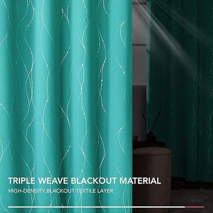 Deconovo Blackout Curtains, Thermal Insulated Soundproof Grommet Drapes, Wave Dots Silver Print, 52 x 54 Inch, Set of 2, Machine Washable Panels for Kitchen Bedroom Living Room Nursery, Turquoise