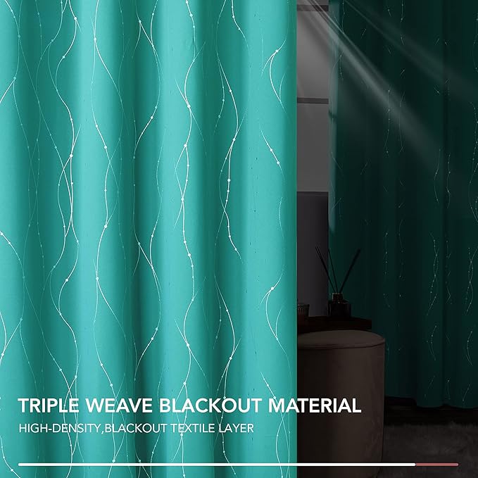 Deconovo Blackout Curtains, Thermal Insulated Soundproof Grommet Drapes, Wave Dots Silver Print, 52 x 63 Inch, Set of 2, Machine Washable Panels for Kitchen Bedroom Living Room Nursery, Turquoise