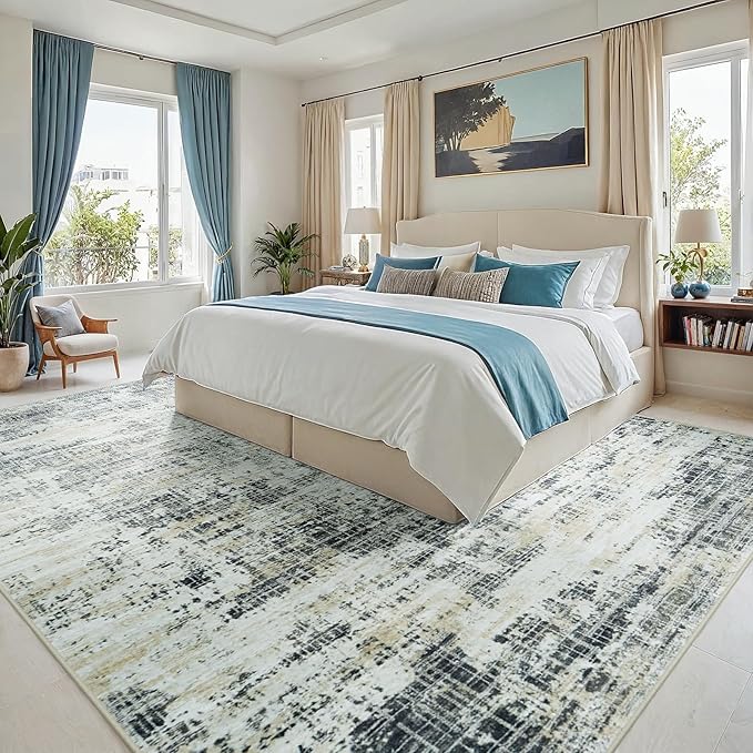 9x12 Area Rugs for Living Room Washable Rug: Anti-Skid Abstract Modern Living Room Rug Soft Thin Carpets Indoor Floor Non-Shedding Carpet for Bedroom Dining Farmhouse Nursery Black Gray Gold