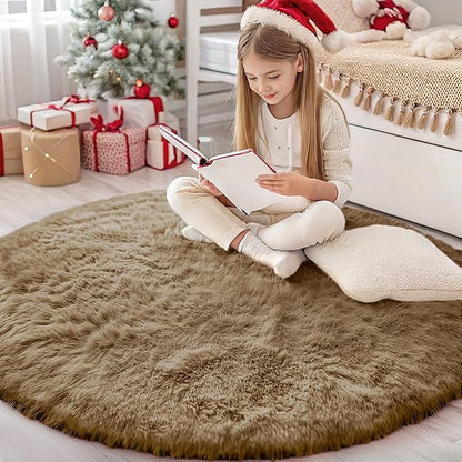 OLANLY Taupe Round Rugs for Bedroom - Machine Washable, 4 ft Circle Area Rugs for Living Room, Soft and Fluffy Shaggy Carpet for Teen Girl and Boys, Nursery Rooms, Dorms, Home Decor Aesthetic