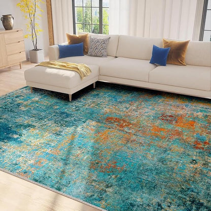Washable Area Rugs 7'x9' Non-Slip Modern Abstract Soft for Living Room Entryway Bedroom Nursery, Print Pattern, Teal Blue Green Orange Rust Red Coloreful