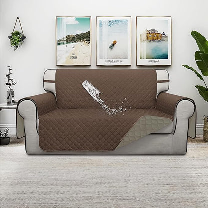 ISSUNTEX Double Protection 100% Waterproof Loveseat Sofa Covers for Living Room, Couch Covers for 2 Cushion Couch Sofa, Reversible Furniture Protector Sofa Cover for Dogs (Loveseat, Brown/Beige)