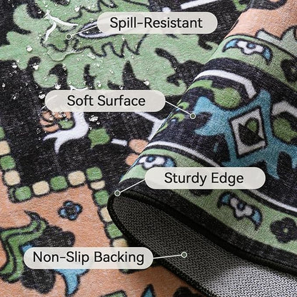 Lofus 9x12 Area Rugs for Living Room, Machine Washable Area Rug, Soft Large Rugs for Bedroom, Kitchen, Office and Indoor, Vintage Boho Carpet, Non-Slip Low Pile Carpets, Dark Green