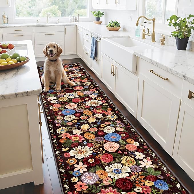 Black/Brown Kitchen Rug 2x6, Non Slip Washable Runner Rugs with Rubber Backing Soft Floral Carpet entryway Runner for Hallways, Kitchen, Laundry, Bedroom, Bathroom (Black/Brown, 2 x 6)