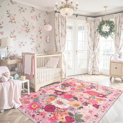 Pink Floral Girls Room Rug 4x6, Non-Slip Washable Rugs for Bedroom Living Room Nursery Kitchen Dining Room Indoor, Ultra-Thin Soft Stain Resistant Girls Room Decor(4 x 6, Pink Garden)