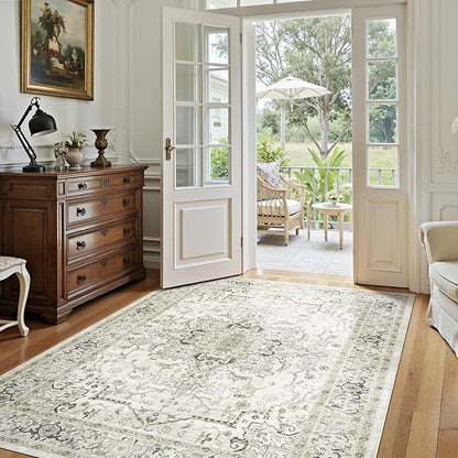Lofus 5x7 Area Rugs for Living Room, Washable Area Rug, Rugs for Bedroom, Kitchen, Vintage Boho Carpet, Soft Non-Slip, Low Pile Large Area Rug for Office Dining Room, Beige and Brown