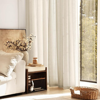 Faux Linen Beige Curtains 144 inches Long for Living Room Rustic Farmhouse Linen Drapes Semi Sheer Burlap Textured Canvas Cloth Curtain Panels Set of 2 Kahki Tan Colored