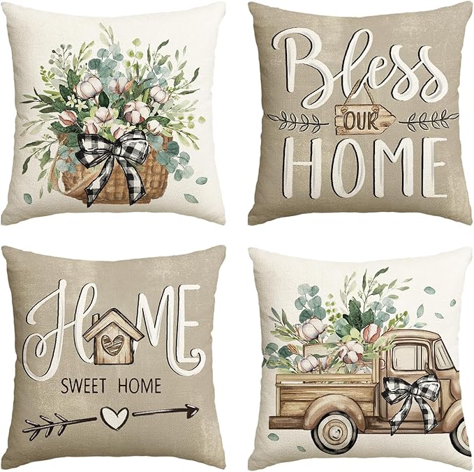 AVOIN colorlife Bless Our Home Sweet Home Farmhouse Eucalyptus Leaves Throw Pillow Covers, 20 x 20 Inch Truck Cushion Case Decorations Set of 4