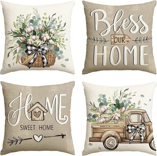 AVOIN colorlife Bless Our Home Sweet Home Farmhouse Eucalyptus Leaves Throw Pillow Covers, 20 x 20 Inch Truck Cushion Case Decorations Set of 4