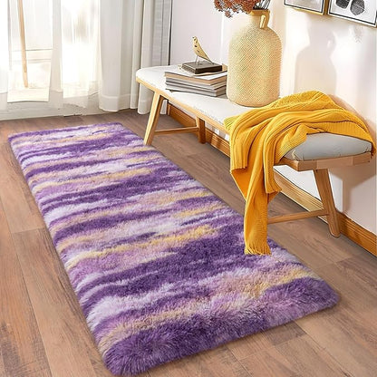 Soft Runner Rugs for Bedroom Hallways, 2x5 Abstract Purple Fluffy Shag Throw Area Rug Non Slip for Bedside Dorm, Long Shaggy Furry Carpet for Nursery Living Room