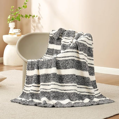 Snuggle Sac Heather Throw Blanket for Couch, Reversible Super Soft Blankets Warm Cozy Knit Fuzzy Plush Lightweight for Sofa, Bed, Camping, Picnic (Stripe Black, Throw(50"x 60"))
