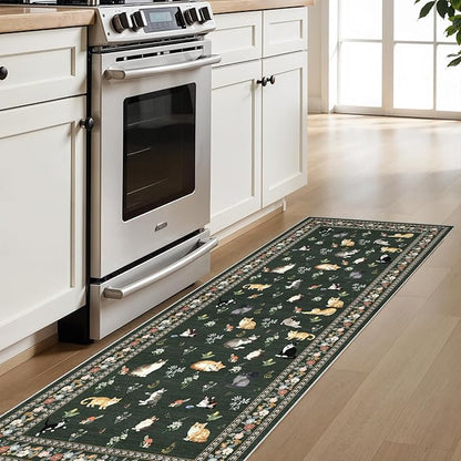 2'6"x8' Washable Kitchen Runner Rug - Soft Low Pile Floral Animal Cat Print Rugs with Non-Slip Backing Waterproof Stain-Resistant Indoor Carpet for Hallway Entryway Bathroom Bedroom (Sage Green)