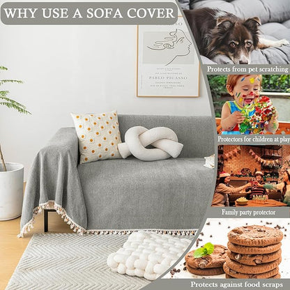 HANDONTIME Couch Slipcovers for Sofas Dark Grey Couch Cover Sofa Cover for Dogs Boho Pet Couch Protector with Tassel Sectional Throw Cover Chenille Herringbone Couch Cover for 3 Seat Sofa, 91" X150"