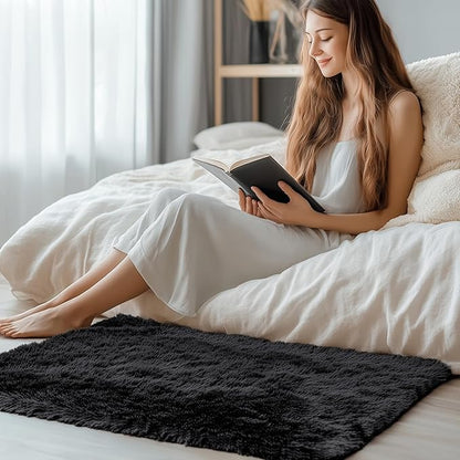 OLANLY 2x2 Machine Washable Small Rug, Soft Fluffy Shaggy Throw Rug for Bedroom, Entryway, Indoor Floor Carpet for Kids, Nursery, Home Decor, Black