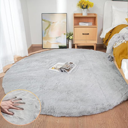 ORINOVA Washable Furry 5ft Round Area Rugs for Living Room Bedroom Light Grey Circle Faux Rabbit Shaggy Fur Rug Teen Room Décor