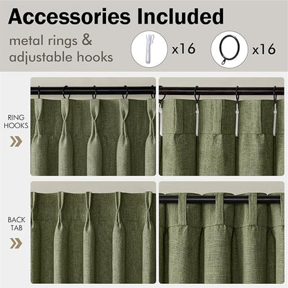 MIULEE Olive Green Pinch Pleated Linen Curtains 96 Inches Long 2 Panels for Living Room Bedroom, Linen Texture Memory Trained Drapes Back Tab Semi Sheer Moss Green Window Curtains with Hooks&Rings
