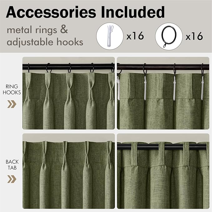 MIULEE Olive Green Pinch Pleated Linen Curtains 90 Inches Long 2 Panels for Living Room Bedroom, Linen Texture Memory Trained Drapes Pleat Back Tab Semi Sheer Moss Green Window Curtains with Hooks