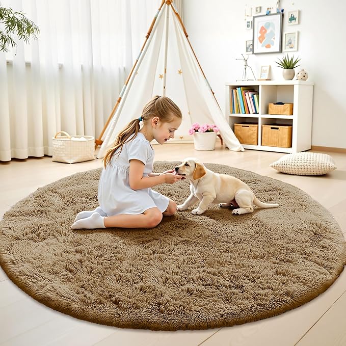 OLANLY Taupe Round Rugs for Bedroom - Machine Washable, 8 ft Circle Area Rugs for Living Room, Soft and Fluffy Shaggy Carpet for Teen Girl and Boys, Nursery Rooms, Dorms, Home Decor Aesthetic