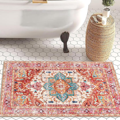 Yamaziot Washable Area Rug, 2x3 Small Entryway Rug Non-Slip Boho Vintage Rug with Rubber Backing, Low Pile Faux Wool Distressed Floor Carpet for Indoor Door Mat, Kitchen, Laundry (Pink)