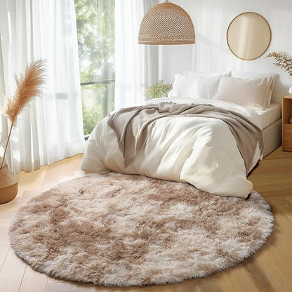 Amdrebio Tie-Dyed Beige Tan Round Area Rug 4Ft for Bedroom, Fluffy Plush Shag Furry Circle Rugs for Kids Room, Living Room Decor Aesthetic, Cute Fuzzy Neutral Carpet for Baby Nursery Playroom Dorm