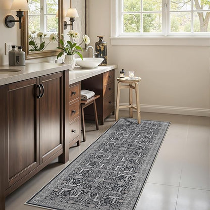 2x6 Hallway Washable Runner Rug - Soft Non Slip Vintage Rugs for Entryway Low-Pile Farmhouse Neutral Kitchen Runners Living Room Floor Mat Stain Resistant Distressed Carpet for Bedroom Bathroom Black
