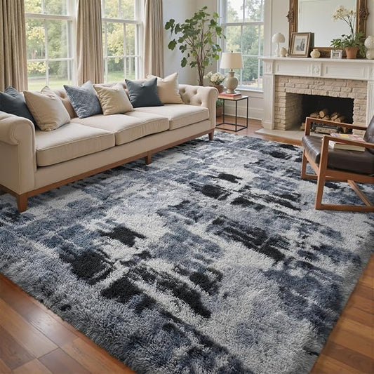8x10 Ft Extra Large Shag Rugs for Living Room, Tie Dyed Ultra Soft Fluffy Furry Area Rugs for Bedroom Indoor Floor, Aesthetic Carpet for Kids Home Decor (Blue)
