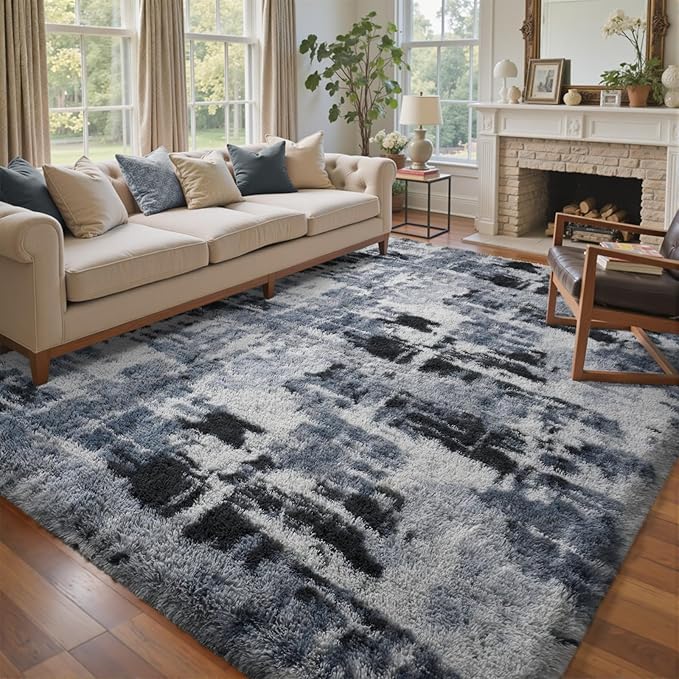 4x6 Ft Shag Rugs for Bedroom Living Room, Tie-Dyed Ultra Soft Fluffy Furry Area Rugs for Indoor Floor, Aesthetic Carpet for Kids Home Decor (Blue)