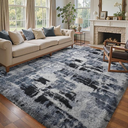 4x6 Ft Shag Rugs for Bedroom Living Room, Tie-Dyed Ultra Soft Fluffy Furry Area Rugs for Indoor Floor, Aesthetic Carpet for Kids Home Decor (Blue)