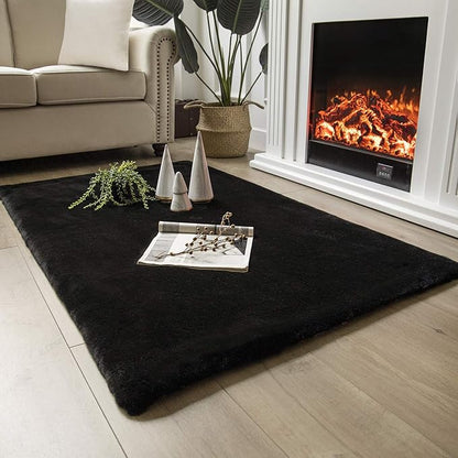 Ashler Faux Fur Rug, Ultra Soft Faux Rabbit Fur, Black Area Rugs, 3 x 5 Feet Rectangle, Machine Washable Nursery Decor Throw Rugs for Bedroom, Kids Room, Living Room